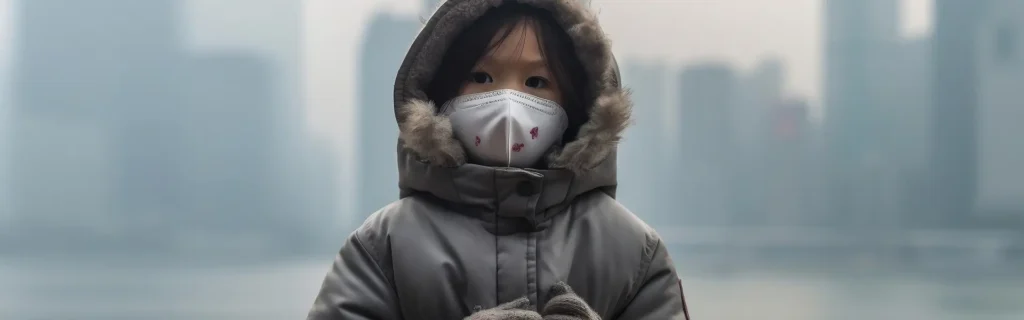 A girl wears a mask to protect herself from smog