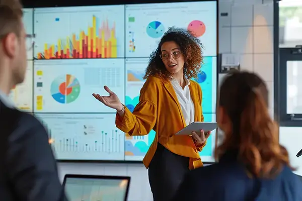 business woman working in office with colleagues