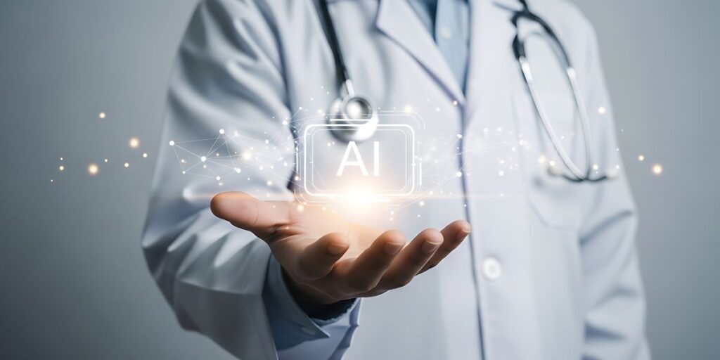 Medical professional holding artificial intelligence technology