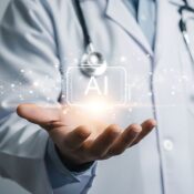 Medical professional holding artificial intelligence technology