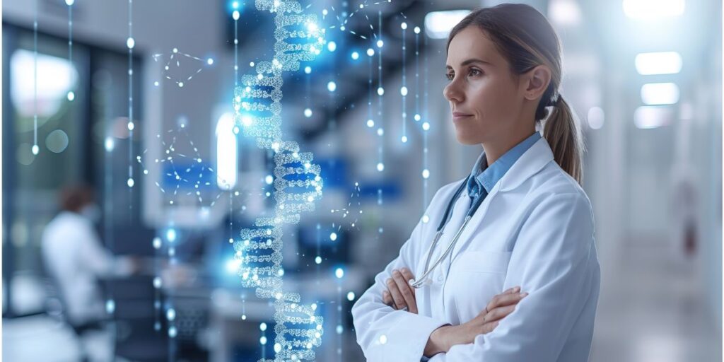 female physician standing with AI in front