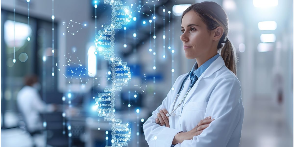 female physician standing with AI in front