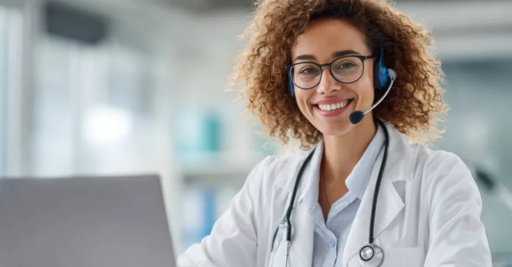 A female doctor wearing a headset and stethoscope