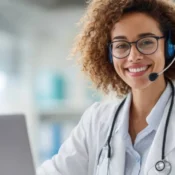 A female doctor wearing a headset and stethoscope