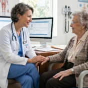 Female doctor consulting elderly patient in medical office