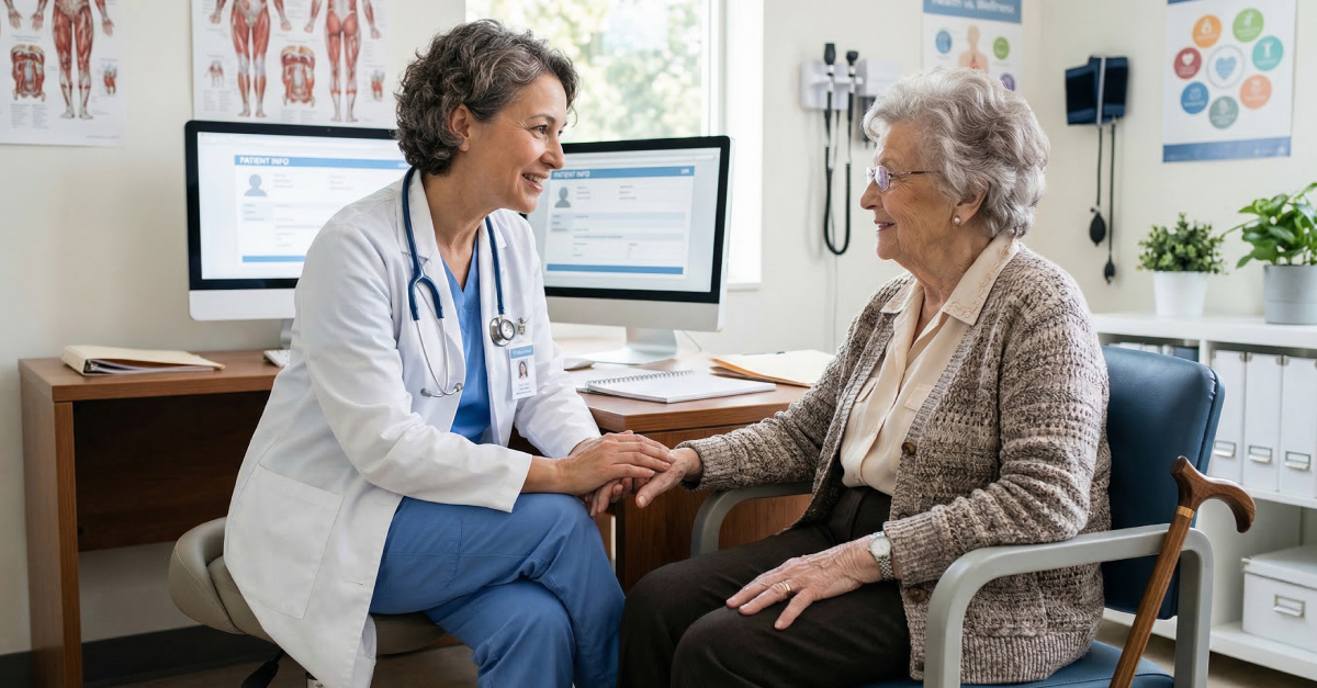 Female doctor consulting elderly patient in medical office