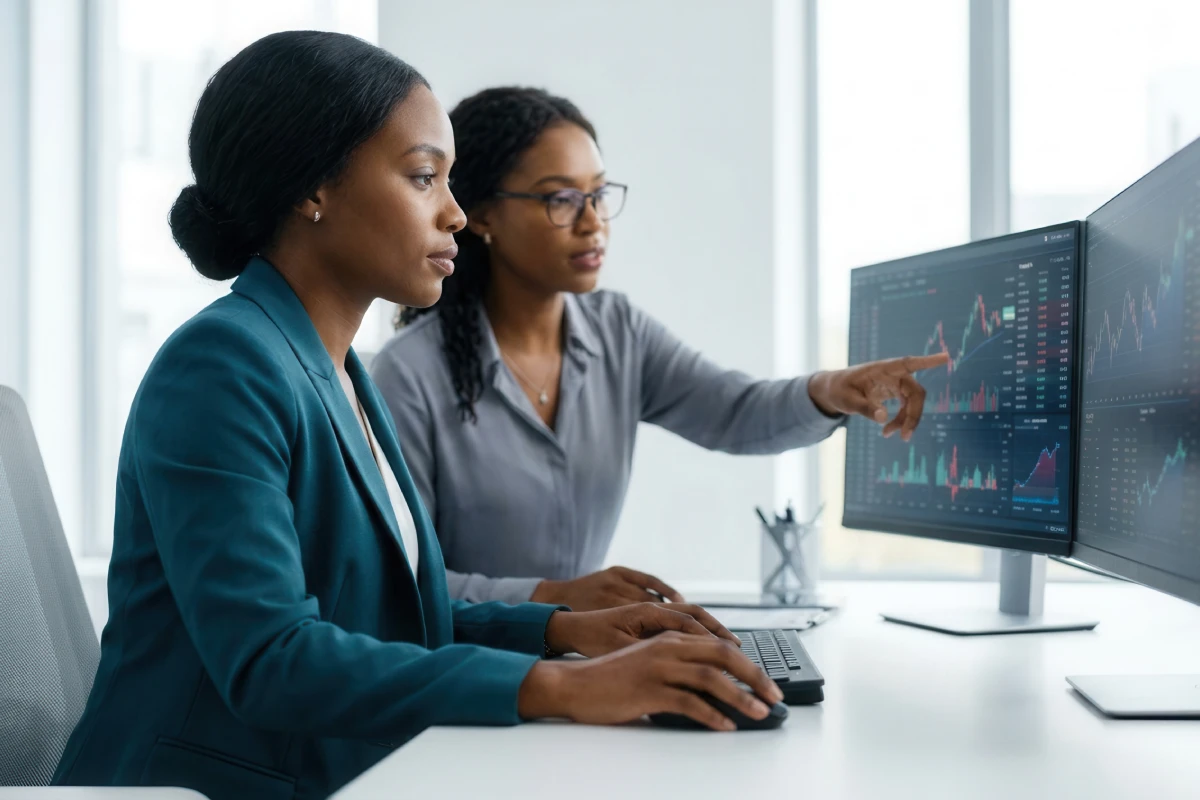 Corporate analysts reviewing