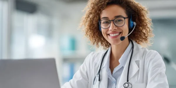 A female doctor wearing a headset and stethoscope