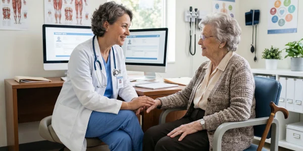 Female doctor consulting elderly patient in medical office