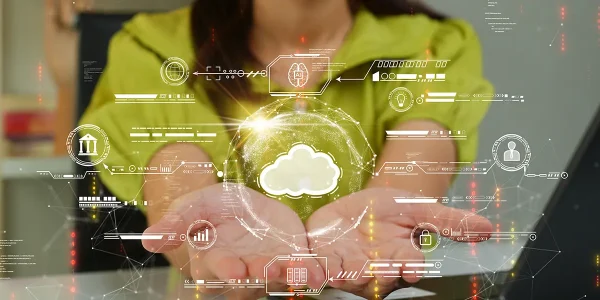Woman uploading and transferring data