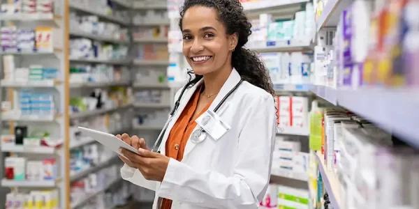 young pharmacist using digital tablet